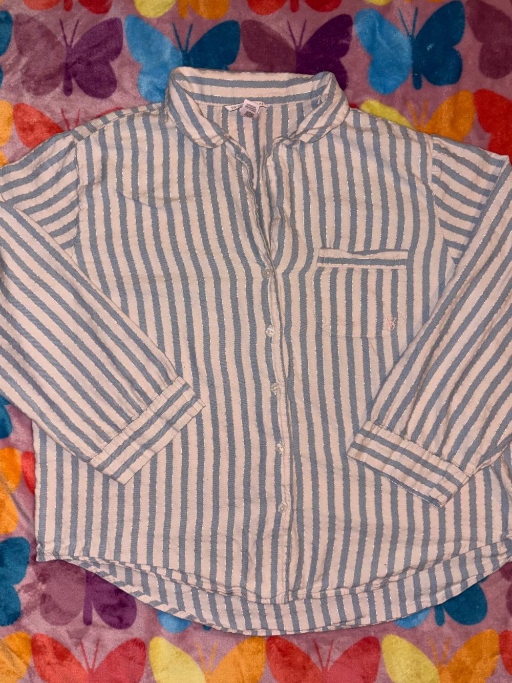 Victoria Secret Sparkle Blue & White Striped Pajama Top